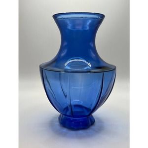 Vintage Blue Glass Vase Paneled Sides Art Glass Ornate Style